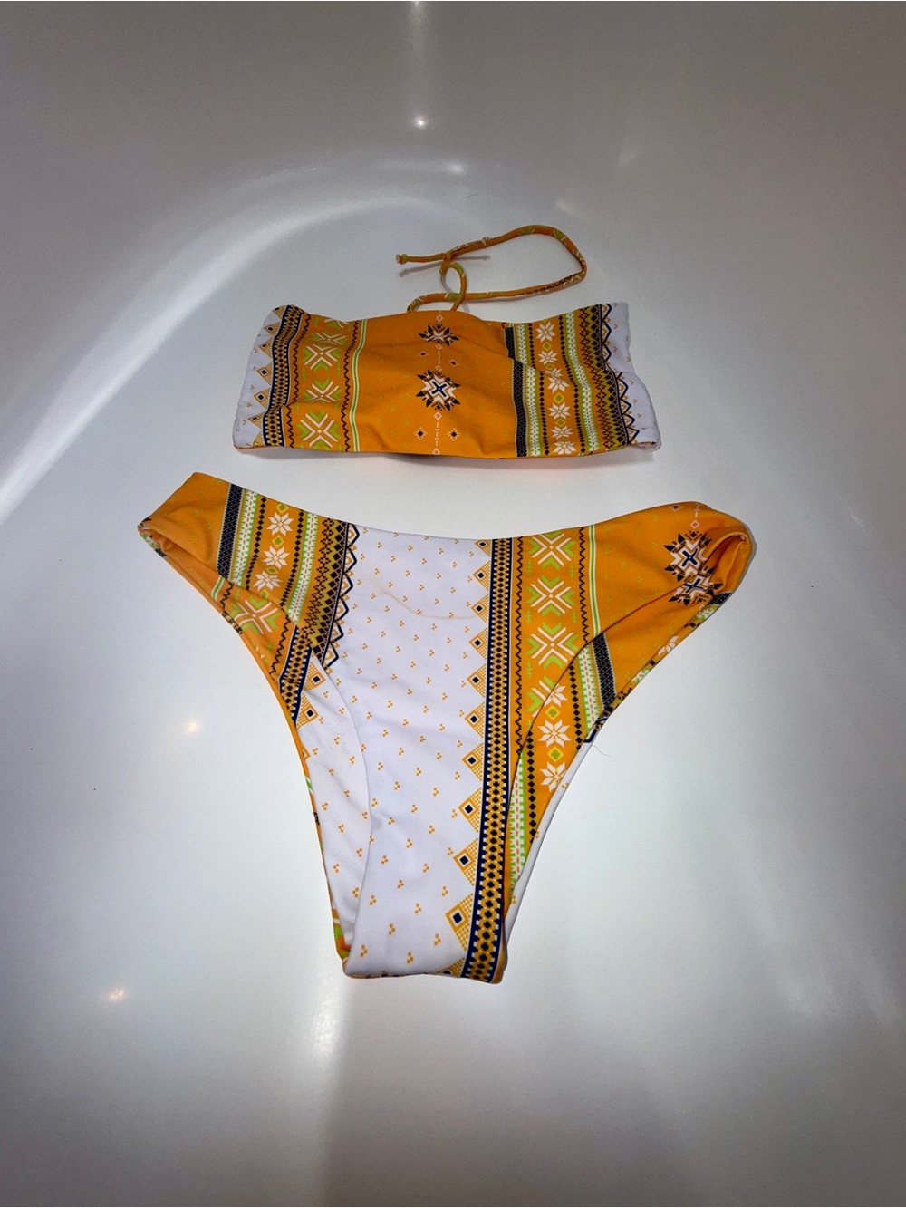 Yellow & White Patterned Bandeau Bikini Set Size M